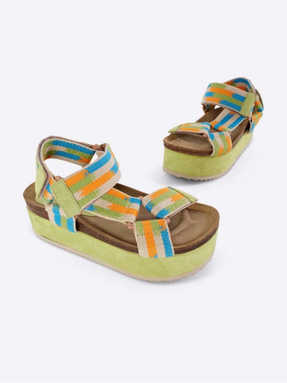INTENTIONALLY BLANK Lime Green Platform Sandals with Blue and Orange Straps